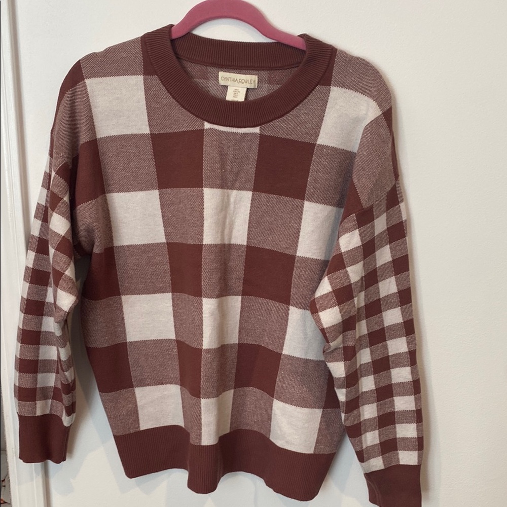 Cynthia Rowley Brown and Cream Crew Neck Sweater with Bold Patterns